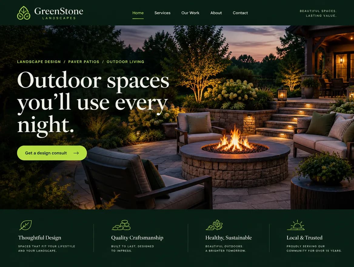 Concept homepage for a fictional landscaping business, GreenStone Landscapes